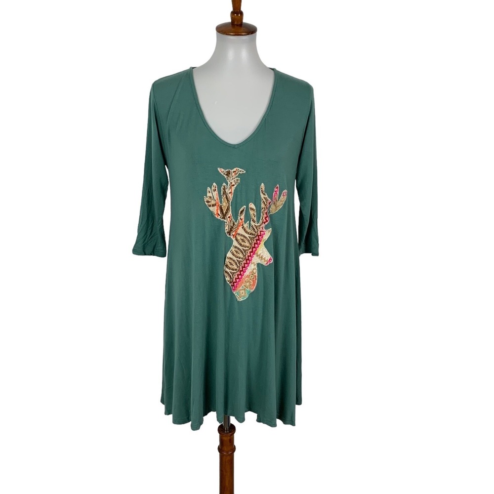 Judith March‎ Medium Green Tunic Dress Embroidered Boho Long Sleeve